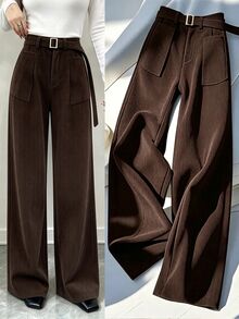GlowEve Pocket Decor Waist Flared Leg Elegant Women Pants - Brown - View 3