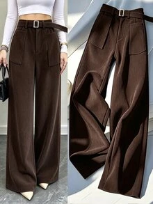 GlowEve Pocket Decor Waist Flared Leg Elegant Women Pants - Brown - View 5