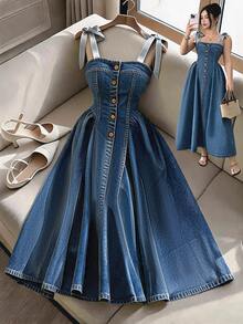 Rivivi Women's Shoulder Knot Single-Breasted Fashion Denim Dress - Dark Wash - View 1