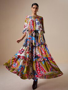 LOTSLUV Women's Elegant Autumn Green And White Paisley Print Round Neck Loose Ruffle Hem Dress - Multicolor - View 4