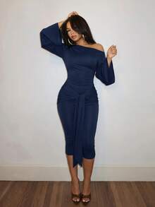 Slaydiva Brown Long Sleeve Asymmetric Neck Tie-Up Fitted Jumpsuit - Navy Blue - View 4