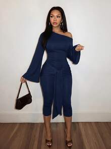 Slaydiva Brown Long Sleeve Asymmetric Neck Tie-Up Fitted Jumpsuit - Navy Blue - View 5