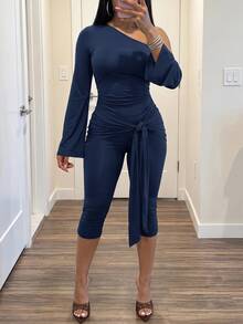 Slaydiva Brown Long Sleeve Asymmetric Neck Tie-Up Fitted Jumpsuit - Navy Blue - View 9