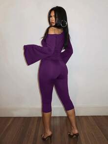 Slaydiva Brown Long Sleeve Asymmetric Neck Tie-Up Fitted Jumpsuit - Purple - View 2