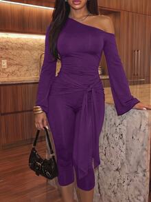 Slaydiva Brown Long Sleeve Asymmetric Neck Tie-Up Fitted Jumpsuit - Purple - View 10