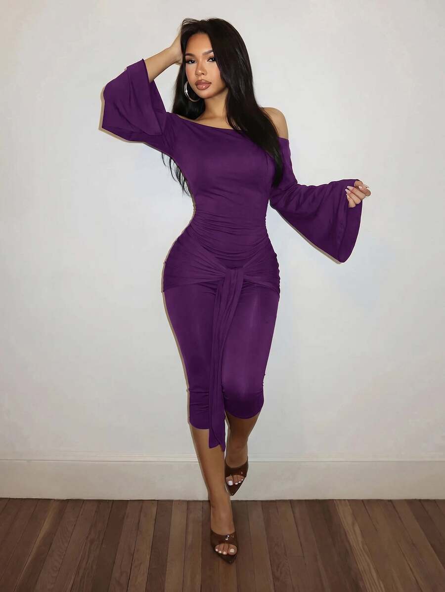 Slaydiva Brown Long Sleeve Asymmetric Neck Tie-Up Fitted Jumpsuit - Purple - View 1