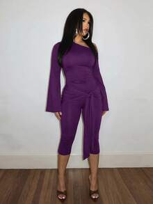 Slaydiva Brown Long Sleeve Asymmetric Neck Tie-Up Fitted Jumpsuit - Purple - View 7