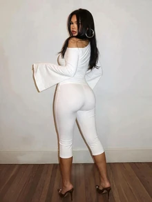 Slaydiva Brown Long Sleeve Asymmetric Neck Tie-Up Fitted Jumpsuit - White - View 2