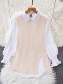 INAWLY 2pcs/Set Spring Lantern Sleeve White Blouse & Loose Fitting Cardigan For Women Fall Winter Cloth For Women - Apricot - View 3