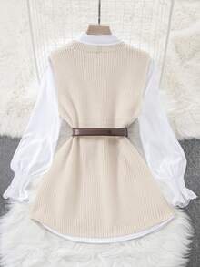 INAWLY 2pcs/Set Spring Lantern Sleeve White Blouse & Loose Fitting Cardigan For Women Fall Winter Cloth For Women - Apricot - View 2