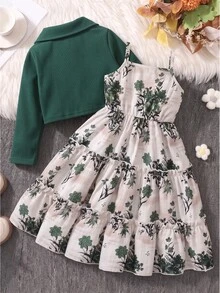 SHEIN 女童時尚領口長袖外套＋彈性腰 A 字層次花卉印花細肩帶洋裝 2 件套休閒嬰幼兒 7 歲生日秋季綠色 - 綠色 - 查看 2