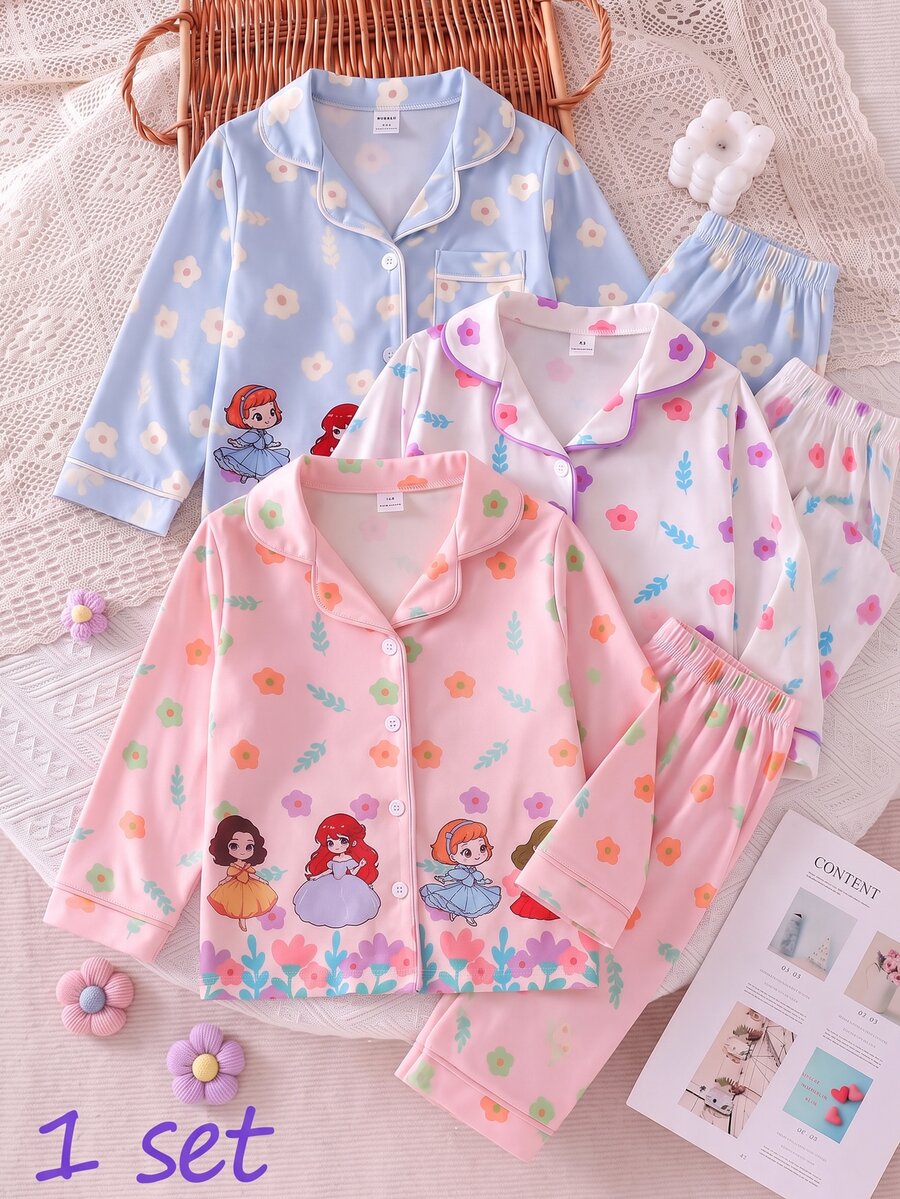 SHEIN 2pcs/Set Girls Toddler Comfortable Soft Cozy Cute Princess Colorful Floral Pattern Pink Flame Retardant Open Front Lapel Long Sleeve Pants Pajama Set - White - View 1