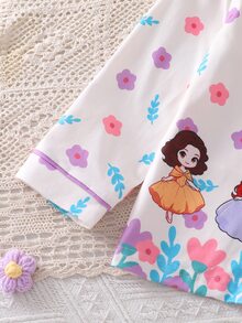 SHEIN 2pcs/Set Girls Toddler Comfortable Soft Cozy Cute Princess Colorful Floral Pattern Pink Flame Retardant Open Front Lapel Long Sleeve Pants Pajama Set - White - View 7