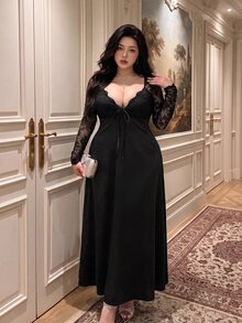 Vibekara Plus Size Spring/Summer Elegant Sexy Lace Fitted A-Line Vintage Long Sleeve Lace Trim Patchwork Satin Maxi Dress For Party Cocktail Formal Date Women - Black - View 6