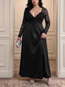 Vibekara Plus Size Spring/Summer Elegant Sexy Lace Fitted A-Line Vintage Long Sleeve Lace Trim Patchwork Satin Maxi Dress For Party Cocktail Formal Date Women - Black - View 9