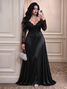 Vibekara Plus Size Spring/Summer Elegant Sexy Lace Fitted A-Line Vintage Long Sleeve Lace Trim Patchwork Satin Maxi Dress For Party Cocktail Formal Date Women - Black - View 2
