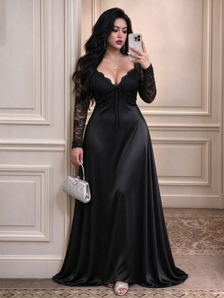 Vibekara Plus Size Spring/Summer Elegant Sexy Lace Fitted A-Line Vintage Long Sleeve Lace Trim Patchwork Satin Maxi Dress For Party Cocktail Formal Date Women