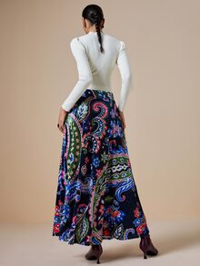 LOTSLUV Women's Elegant Autumn Velvet Navy Blue Paisley Print Maxi Skirt - Navy Blue - View 2