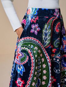 LOTSLUV Women's Elegant Autumn Velvet Navy Blue Paisley Print Maxi Skirt - Navy Blue - View 7