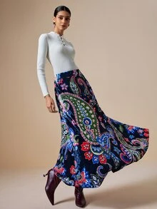 LOTSLUV Women's Elegant Autumn Velvet Navy Blue Paisley Print Maxi Skirt - Navy Blue - View 5