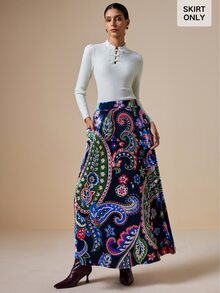 LOTSLUV Women's Elegant Autumn Velvet Navy Blue Paisley Print Maxi Skirt - Navy Blue - View 4
