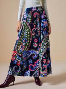 LOTSLUV Women's Elegant Autumn Velvet Navy Blue Paisley Print Maxi Skirt - Navy Blue - View 3