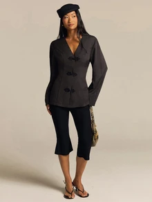 COSMINA Women's Solid Color Frog Button Placket Long Sleeve Elegant Chinese Style Blouse New Chinese Style Long-Sleeved Slim Fit Shirt With Fold-Out - Coffee Brown - View 4