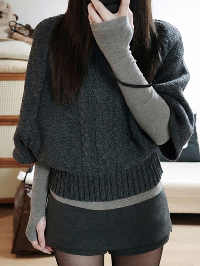 DAZY Dark Gray Cable Knit Crew Neck 2 In 1 Patchwork Loose Batwing Sleeve Long Sleeve Casual Knit Sweater Winter