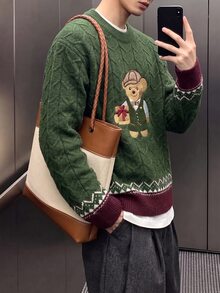 Manfinity Hypemode 男士圓領長袖套頭毛衣，綠色聖誕風格，熊刺繡套頭毛衣情侶款 [不含嬰兒與兒童] - 綠色 - 查看 5