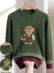 Manfinity Hypemode 男士圓領長袖套頭毛衣，綠色聖誕風格，熊刺繡套頭毛衣情侶款 [不含嬰兒與兒童] - 綠色 - 查看 7