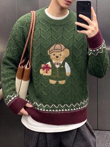 Manfinity Hypemode 男士圓領長袖套頭毛衣，綠色聖誕風格，熊刺繡套頭毛衣情侶款 [不含嬰兒與兒童] - 綠色 - 查看 4