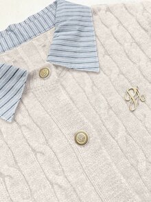 Franclia Fashionable French 2000s Blogger-Inspired 2 In 1 Patchwork Knit Cardigan Sweater Cable Button Up Collared Teachers' Day Office Grey Blue Autumn - Beige - View 8