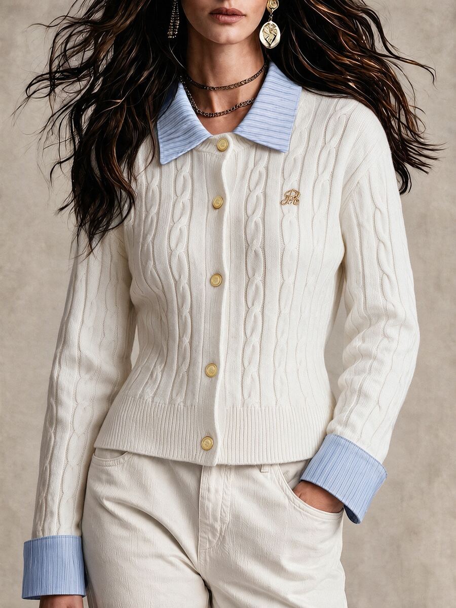 Franclia Fashionable French 2000s Blogger-Inspired 2 In 1 Patchwork Knit Cardigan Sweater Cable Button Up Collared Teachers' Day Office Grey Blue Autumn - Beige - View 1