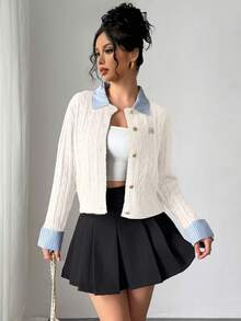 Franclia Fashionable French 2000s Blogger-Inspired 2 In 1 Patchwork Knit Cardigan Sweater Cable Button Up Collared Teachers' Day Office Grey Blue Autumn - Beige - View 4
