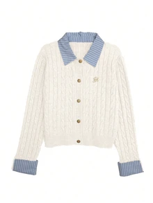 Franclia Fashionable French 2000s Blogger-Inspired 2 In 1 Patchwork Knit Cardigan Sweater Cable Button Up Collared Teachers' Day Office Grey Blue Autumn - Beige - View 6