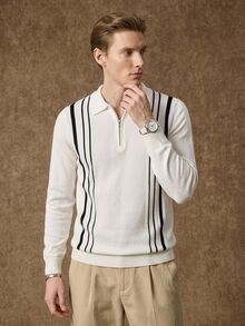 Manfinity Homme Business Men's Half-Zip Collared Vertical Striped Long Sleeve Polo Shirt,Casual Pullover Sweater For Commuting A Suitable Gift For Your Boyfriend - Multicolor - View 1