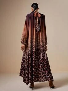 LOTSLUV Women's Autumn Elegant Deep Blue Gradient Leopard Print High Neck Long Sleeve Loose Pleated Dress - Multicolor - View 2