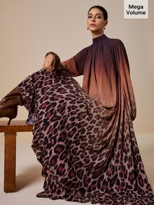 LOTSLUV Women's Autumn Elegant Deep Blue Gradient Leopard Print High Neck Long Sleeve Loose Pleated Dress - Multicolor - View 1