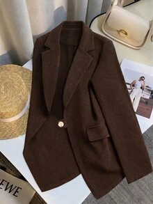 GlowEve CURVE Plus Size Casual Single-Breasted Notched Lapel Blazer Jacket, Autumn - Brown - View 1