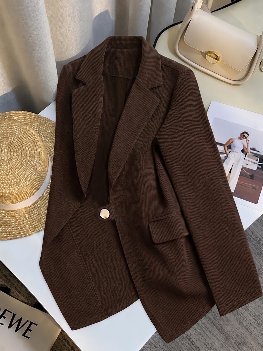 GlowEve CURVE Plus Size Casual Single-Breasted Notched Lapel Blazer Jacket, Autumn - Brown - View 1