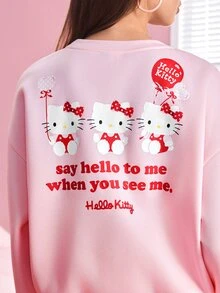 HELLO KITTY AND FRIENDS | SHEIN Áo nỉ tay dài vai trễ cổ tròn nữ - Hồng - Xem 7