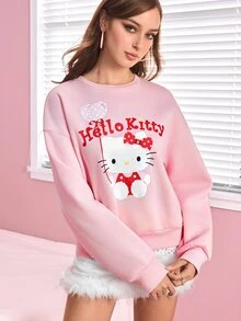 HELLO KITTY AND FRIENDS | SHEIN Áo nỉ tay dài vai trễ cổ tròn nữ - Hồng - Xem 4