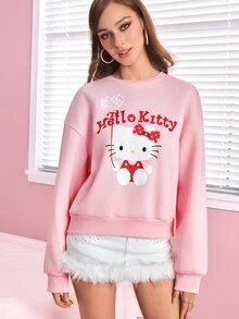 HELLO KITTY AND FRIENDS | SHEIN Áo nỉ tay dài vai trễ cổ tròn nữ - Hồng - Xem 1