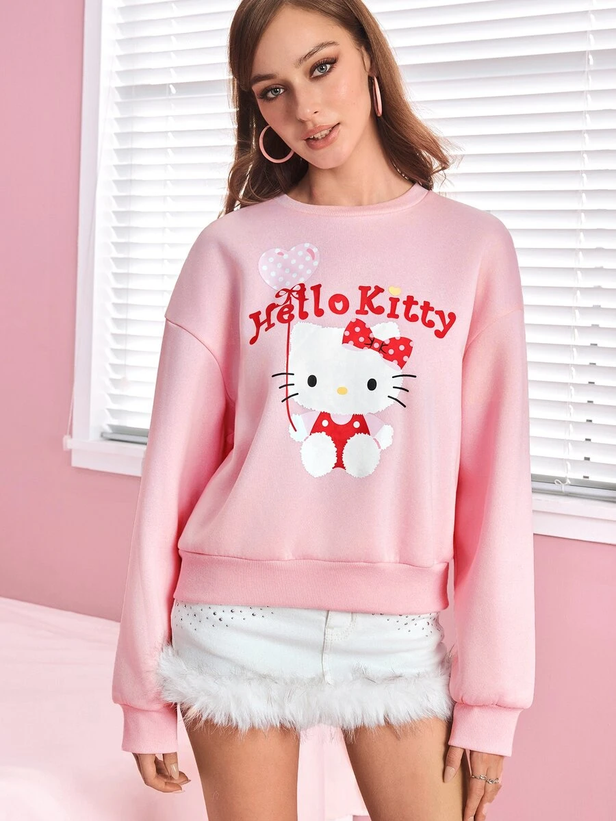 HELLO KITTY AND FRIENDS | SHEIN Áo nỉ tay dài vai trễ cổ tròn nữ - Hồng - Xem 1