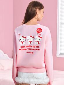 HELLO KITTY AND FRIENDS | SHEIN Áo nỉ tay dài vai trễ cổ tròn nữ - Hồng - Xem 2