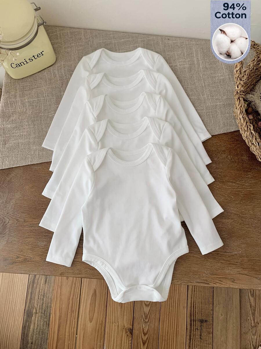 SHEIN 5pcs/Set Newborn Baby Girls Cute White Long Sleeve Bodysuit Set, Autumn/Winter Neutral - White - View 1