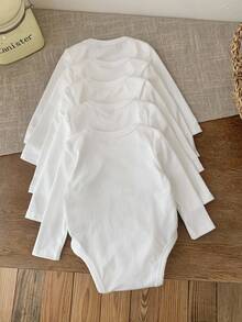 SHEIN 5pcs/Set Newborn Baby Girls Cute White Long Sleeve Bodysuit Set, Autumn/Winter Neutral - White - View 2