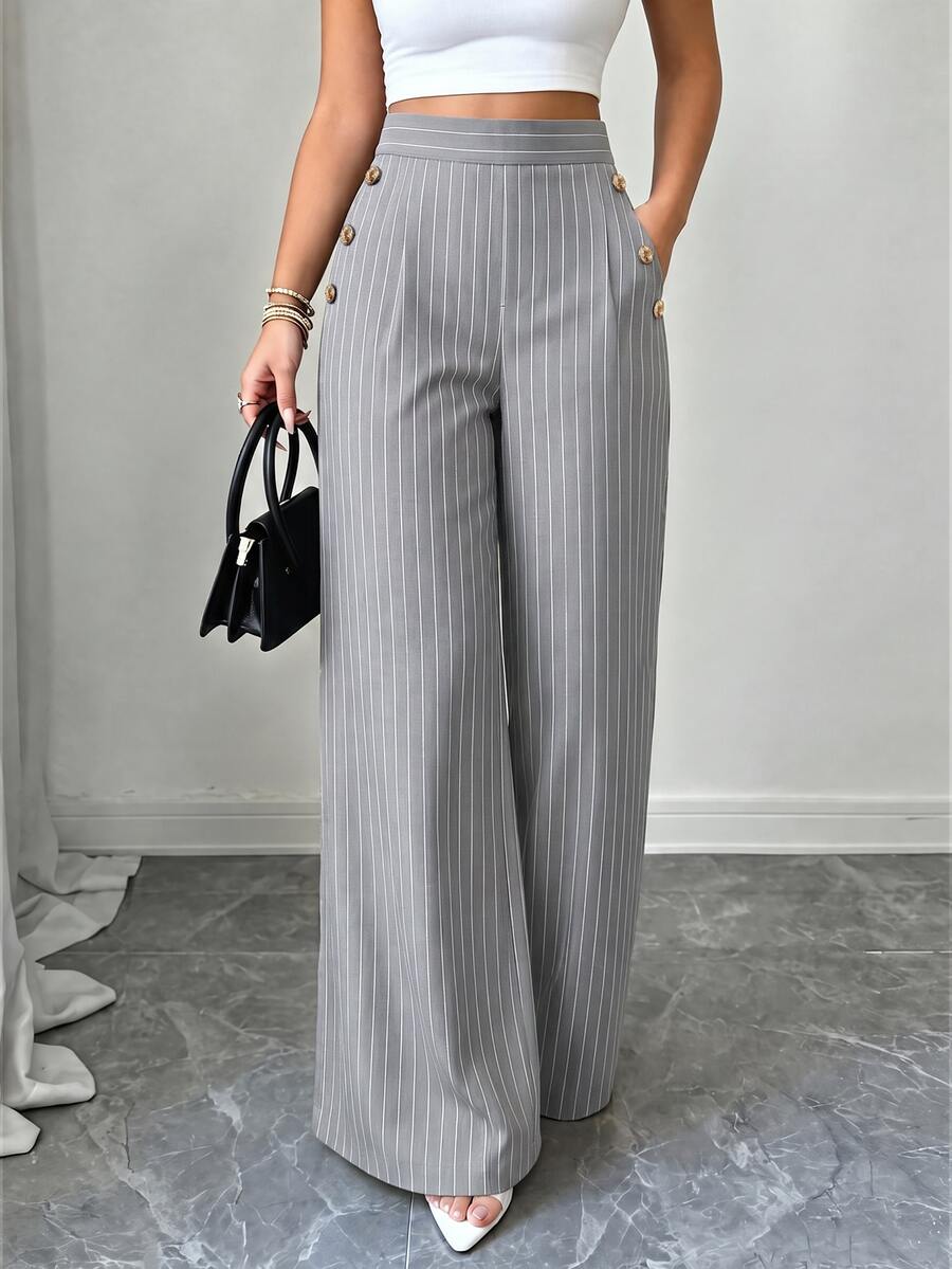 SHEIN LUNE CURVE Plus Striped Print Button Decor Wide Leg Pants Fall - Grey - View 1