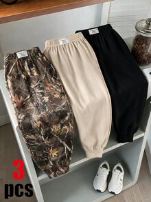 Boys 3pcs Elastic Waist Jogger Pants, Casual Camo & Solid Color Tapered Sweatpants Set For Kids - Multicolor - View 1
