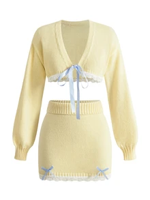 Sweetness Autumn/Winter Sweet Pastel Yellow Cropped Cardigan & Bow Skirt 2 Pieces Knit Set For Women - Pale Yellow - View 2